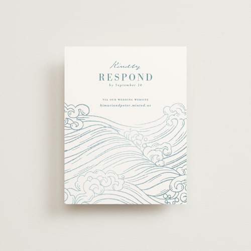 This is a aqua rsvp cards with foil pressed by Jessie Steury called waves printing on signature in standard