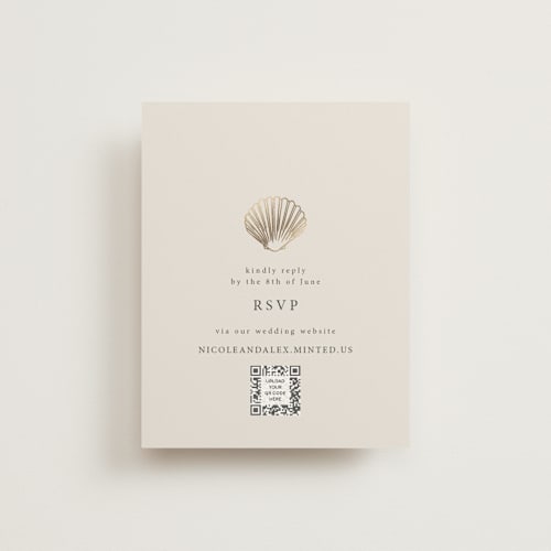 This is a sand rsvp cards with foil pressed by Hannah Bowman called simple seashell printing on signature in standard