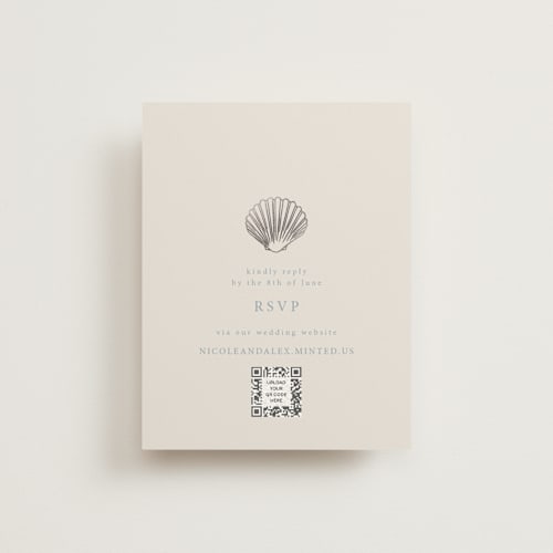 This is a sea spray rsvp cards with foil pressed by Hannah Bowman called simple seashell printing on signature in standard