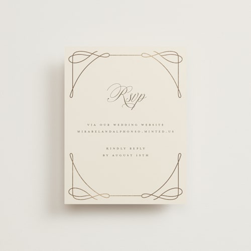 This is a cream rsvp cards with foil pressed by Katie Zimpel called simple art nouveau printing on signature in standard