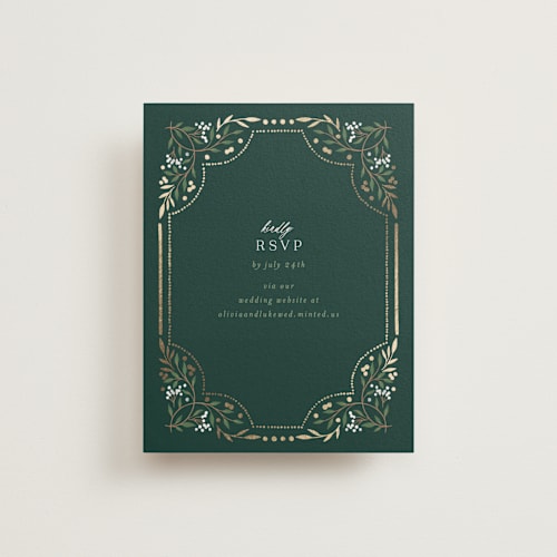 This is a evergreen rsvp cards with foil pressed by Alethea and Ruth called illuminated storybook printing on signature in standard