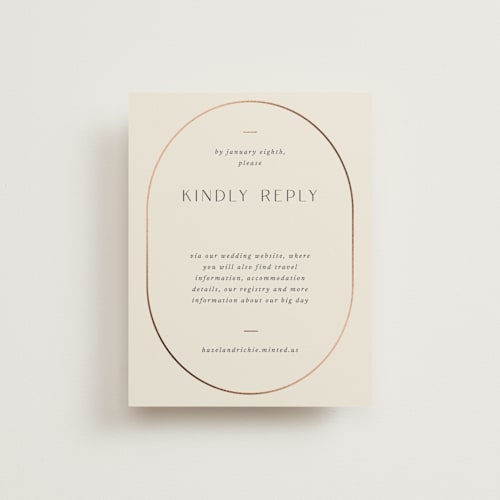 This is a linen rsvp cards with foil pressed by Blustery August called walnut printing on signature in standard