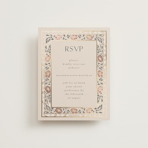 This is a champagne rsvp cards with foil pressed by Ana de Sousa called timeless nature printing on signature in standard