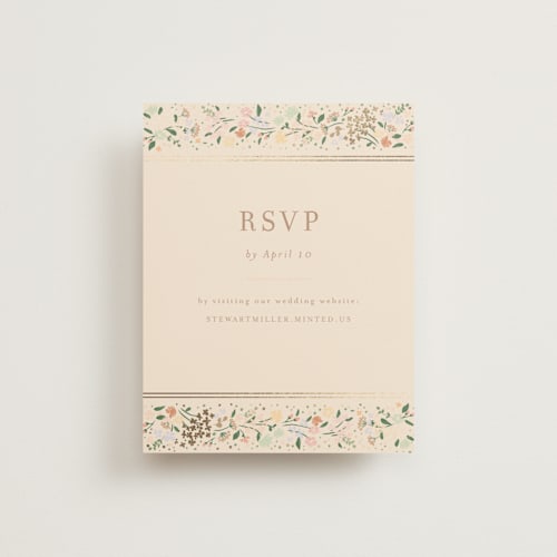 This is a ivory rsvp cards with foil pressed by Jennifer Wick called esther's garden printing on signature in standard