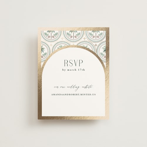 This is a sand rsvp cards with foil pressed by Maria Alou called vintage palms printing on signature in standard