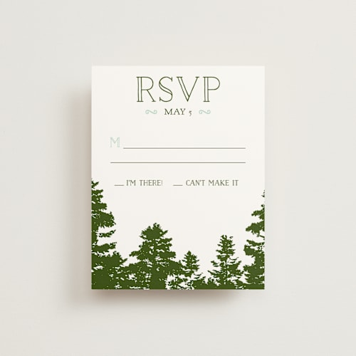 This is a pine green rsvp postcards by Ariel Rutland called mountain view printing on signature in postcard