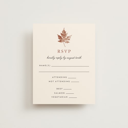 This is a rust rsvp postcards by Katharine Watson called leaf print printing on signature in postcard