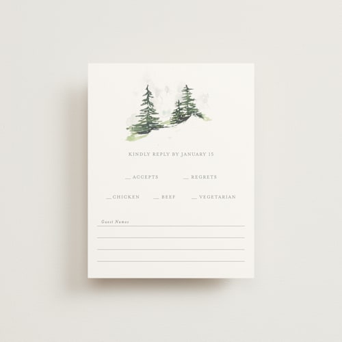 This is a fog rsvp postcards by Mere Paper called on the slopes printing on signature in postcard