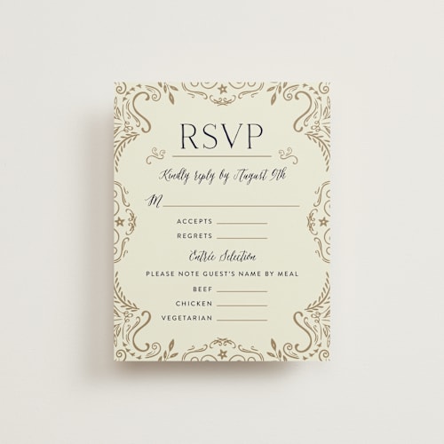 This is a midnight rsvp postcards by Chris Griffith called wedding enchantment printing on signature in postcard