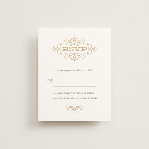 This is a faux gold rsvp postcards by Kristen Smith called ornate monogram printing on signature in postcard