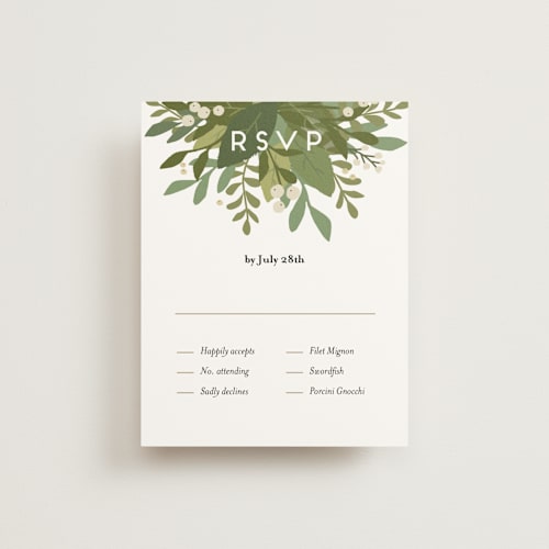 This is a midnight rsvp postcards by Jennifer Wick called laurel of greens printing on signature in postcard