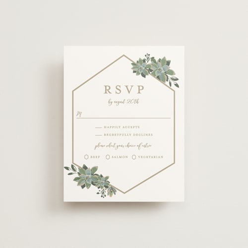 This is a cloud rsvp postcards by Susan Moyal called succulent surround printing on signature in postcard