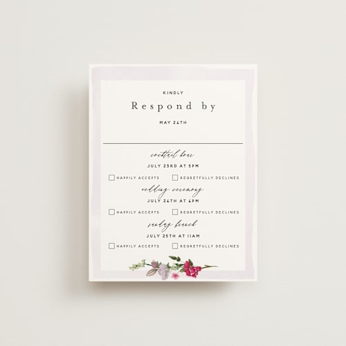 This is a lilac rsvp cards with standard by Susan Moyal called gather printing on signature in standard