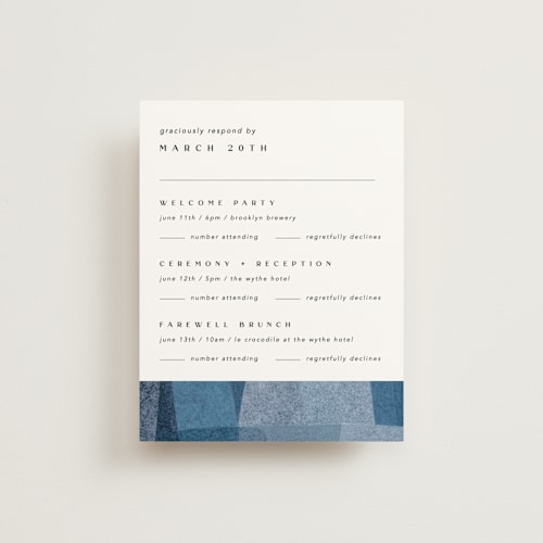 This is a seaside rsvp cards with standard by Carrie Moradi called denim patchwork printing on signature in standard