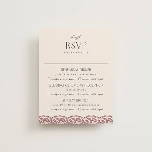 This is a mauve rsvp cards with standard by Erica Krystek called chantilly printing on signature in standard