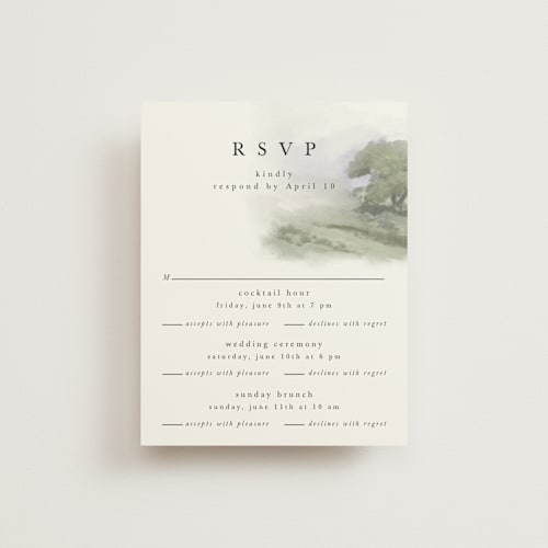 This is a moss rsvp cards with standard by Hannah Williams called hillside printing on signature in standard