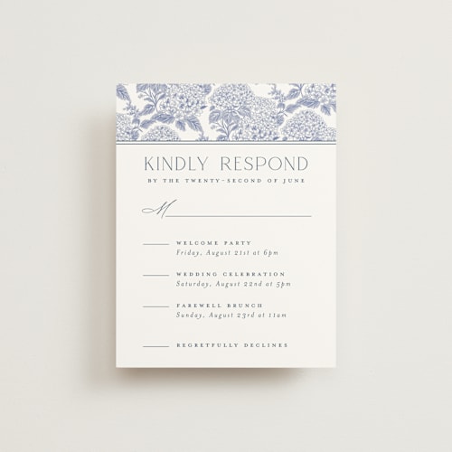 This is a periwinkle rsvp cards with standard by Jenna Holcomb called coastal toile printing on signature in standard