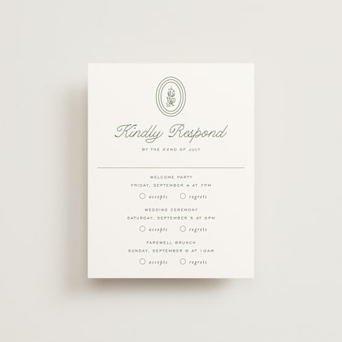 This is a leaf rsvp cards with standard by Kate Ahn called court printing on signature in standard