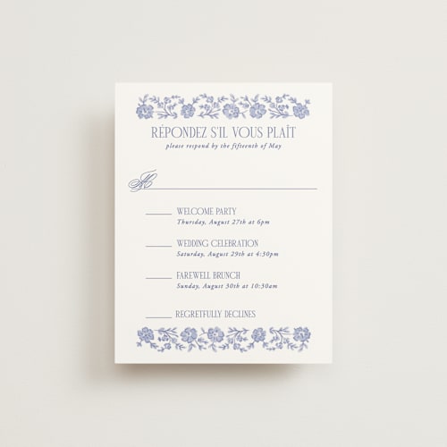 This is a cerulean rsvp cards with standard by Jenna Holcomb called embroidered printing on signature in standard