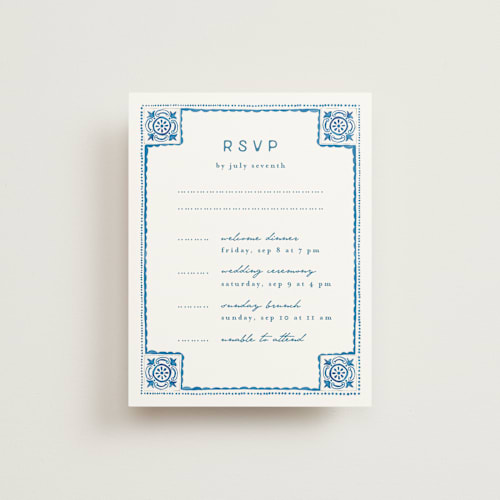 This is a navy rsvp cards with standard by Anastasia Makarova called watercolor tile printing on signature in standard