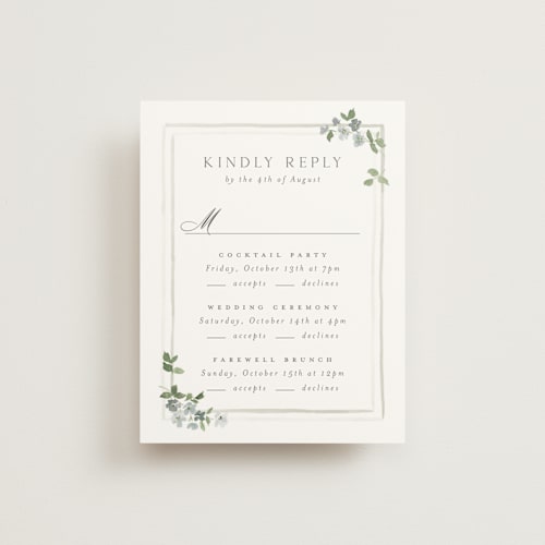 This is a mist rsvp cards with standard by Everett Paper Goods called wistful printing on signature in standard