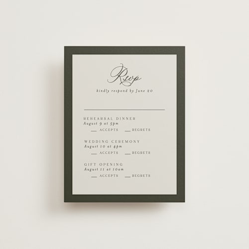 This is a deep olive rsvp cards with standard by Nicole Walsh called refined printing on signature in standard