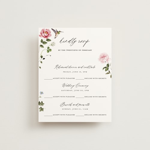 This is a peony rsvp cards with standard by Sarah Knight called ornate printing on signature in standard