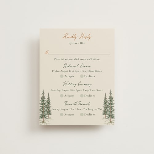 This is a forest rsvp cards with standard by Elly called whispering pines printing on signature in standard