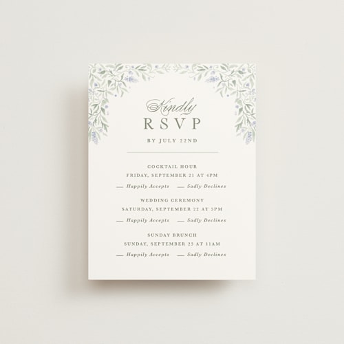 This is a periwinkle rsvp cards with standard by Kristen Smith called delicate vines printing on signature in standard