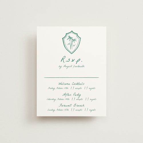 This is a palm rsvp cards with standard by Erika Firm called palm tree crest printing on signature in standard
