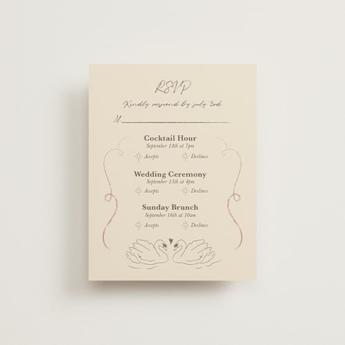 This is a buttercream rsvp cards with standard by Helena Vitto called the swan printing on signature in standard