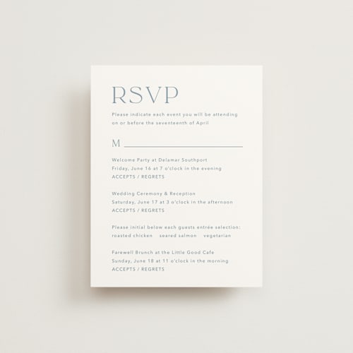 This is a lakeshore blue rsvp cards with standard by Jennifer Postorino called leighton printing on signature in standard