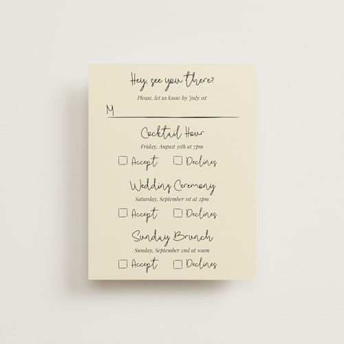 This is a champagne rsvp cards with standard by Helena Vitto called modern love printing on signature in standard