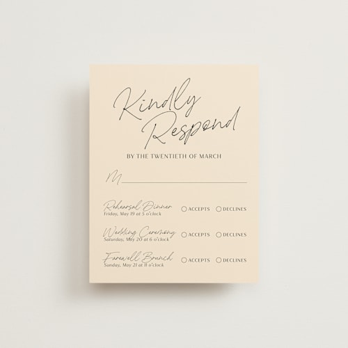 This is a champagne rsvp cards with standard by Wallace Design Co. called french whimsy script printing on signature in standard