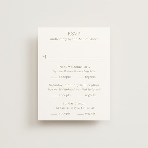 This is a moss rsvp cards with standard by Megan Davis called perriand printing on signature in standard