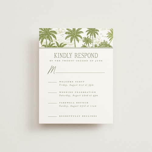 This is a palm rsvp cards with standard by Jenna Holcomb called beachtoile printing on signature in standard
