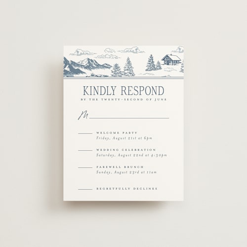 This is a denim rsvp cards with standard by Jenna Holcomb called aspen toile printing on signature in standard