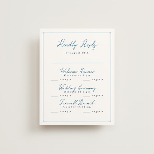 This is a cerulean rsvp cards with standard by Tamara Hilje called positano printing on signature in standard