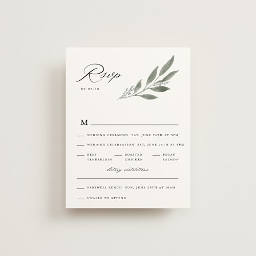 This is a heather rsvp cards with standard by Stacey Meacham called pressed foliage printing on signature in standard