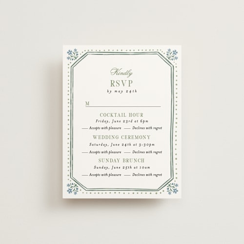 This is a periwinkle rsvp cards with standard by Alethea and Ruth called sweet vintage printing on signature in standard
