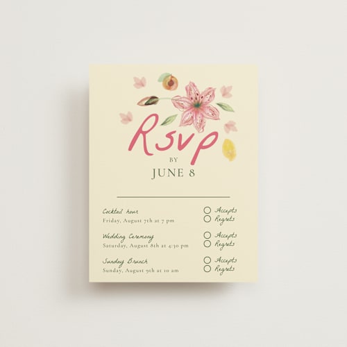 This is a blush rsvp cards with standard by Emily Miranda called romantic tropical wedding printing on signature in standard