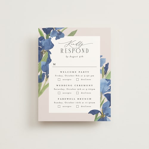 This is a natural rsvp cards with standard by Everett Paper Goods called irises printing on signature in standard