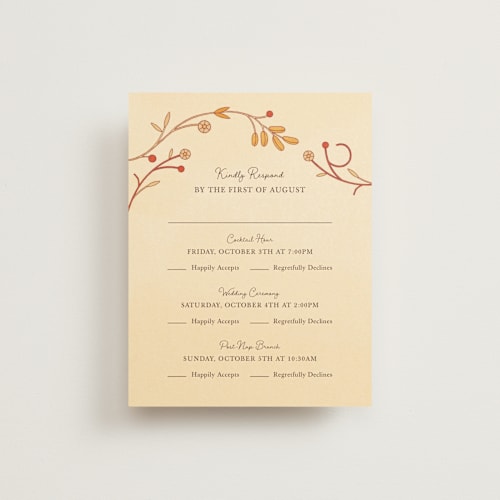 This is a autumn rsvp cards with standard by Morgan Ramberg called fall in love printing on signature in standard