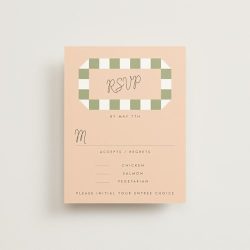 This is a peach rsvp cards with standard by Baumbirdy called boardwalk printing on signature in standard