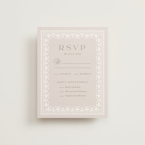 This is a cream rsvp cards with standard by Kristen Smith called lace trim printing on signature in standard