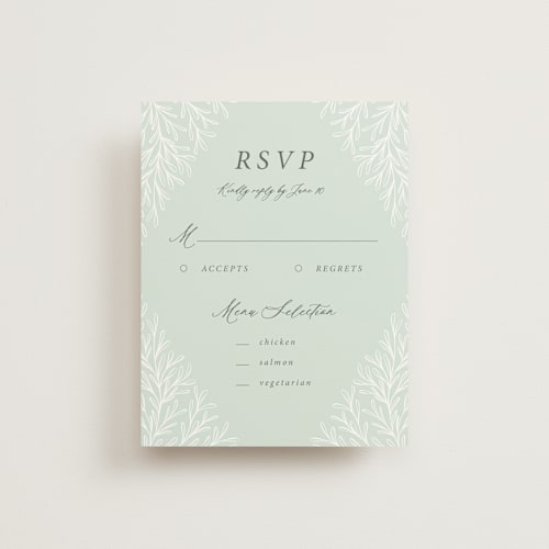 This is a sage rsvp cards with standard by Kristen Knechtel called fairy forest printing on signature in standard