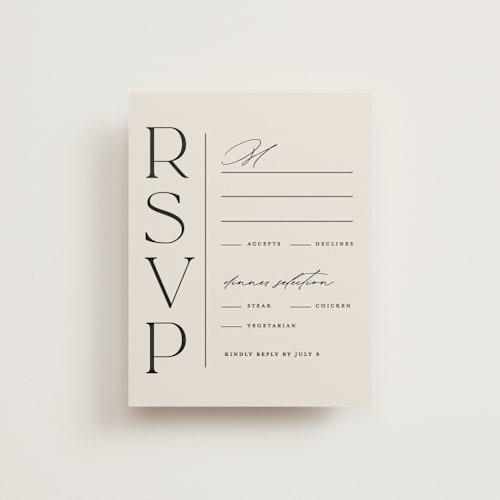 This is a ecru rsvp cards with standard by Erica Krystek called modern monogram printing on signature in standard