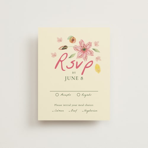 This is a blush rsvp cards with standard by Emily Miranda called romantic tropical wedding printing on signature in standard