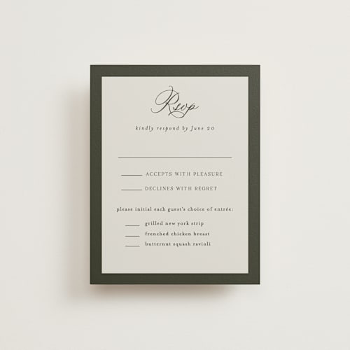 This is a deep olive rsvp cards with standard by Nicole Walsh called refined printing on signature in standard