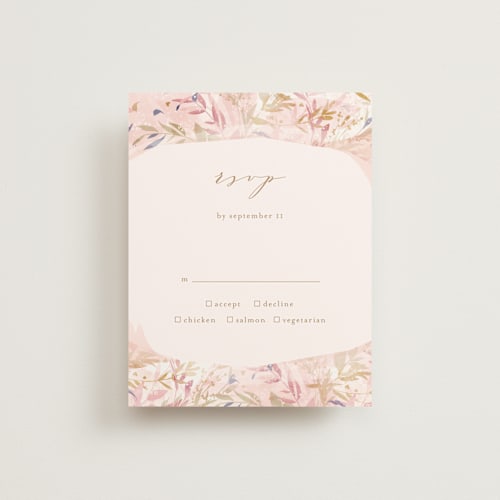 This is a blush rsvp cards with standard by Phrosné Barwood called fantasy floral bride printing on signature in standard